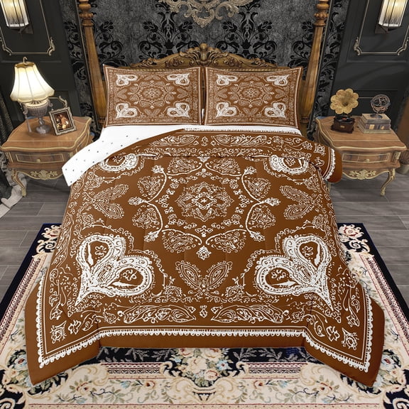 Homewish Victorian Flower Bedding Comforter Set,Retro Abstract Damask Twin Comforter Sets,Brown White Bedding Set For Men Women,,Lightweight Room Decorative Reversible,2pcs