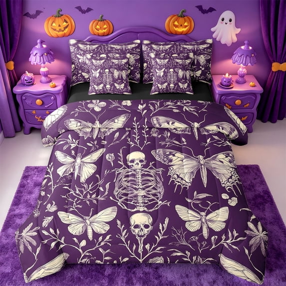 Homewish Victorian Halloween Skeleton 7-Piece Twin Bedding,Moth Botanical Pattern Bedding Comforter Set,Purple Cream,Black Reversible