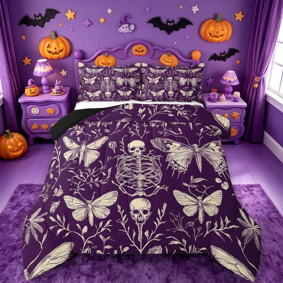 Homewish Victorian Halloween Skeleton Queen Comforter Set,Moth Botanical Pattern Comforter Sets Queen,Purple Cream,Black Reversible,3-Piece,1 Comforter and 2 Pillowcases
