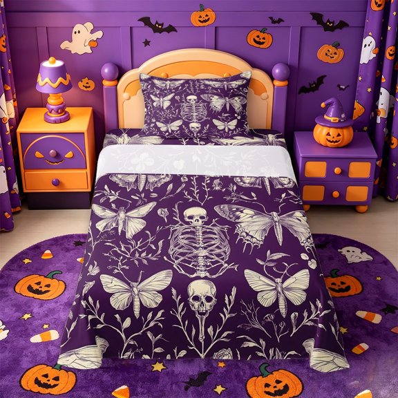 Homewish Victorian Halloween Skeleton Twin Sheets,Moth Botanical Pattern Bedding,Purple Cream,3 Pieces,1 Fitted Sheet and 1 Pillowcase