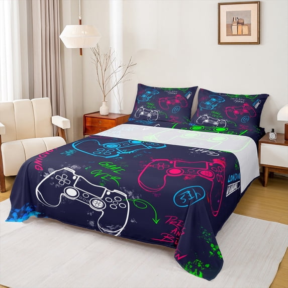 Homewish Video Game 4pcs Bed Sheets for Female Men Adults,Gamer Gamepads King Sheets,Retro Vintage Super Cozy Sheet Set,Microfiber Bedroom Decor