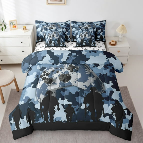 Homewish Video Game 7 Pieces Bedding Comforter Set For Kids Teens Adults,Abstract Camouflage Full Bedding Set Lightweight,Graffiti Splash Fitted Sheet Flat Sheet,Super Cozy Room Decor,Reversible