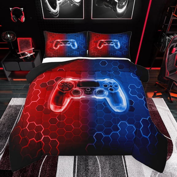 Homewish Video Game Bedding Comforter Set 2pcs for Boys Girls,Blue Red Gamepads Twin Comforter Sets Microfiber,Abstract Ombre Geometric Honeycomb Breathable Bedding Set,Ultra Soft Home Decor