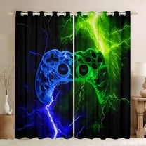 Homewish Video Game Black Out Curtains for Female Men Adults,Blue Green Curtains Pack of 2 (42x63 Each),Abstract Lightning Gamepads Bedroom Curtains,Microfiber Bedroom Decor