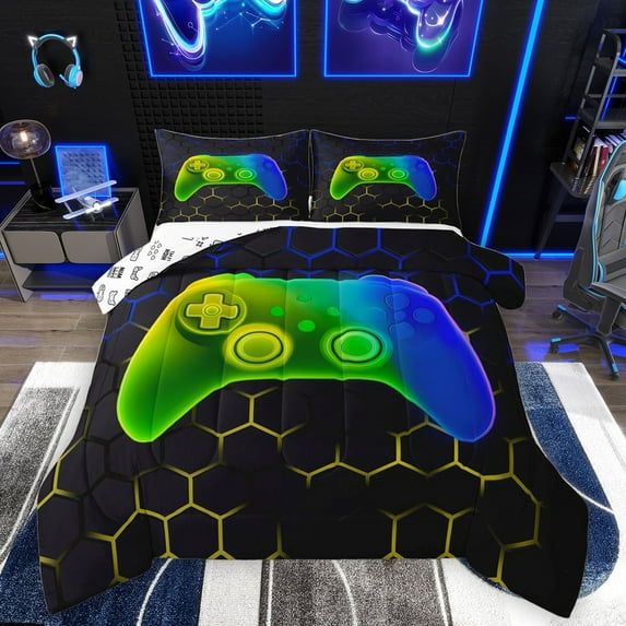 Homewish Video Game Full Size Comforter Sets 3-Piece for Female Men Adults,Abstract Gradient Hexagon Bedding Comforter Set,Ombre Honeycomb Gamepads Lightweight Bedding Sets,Microfiber Bedroom Decor