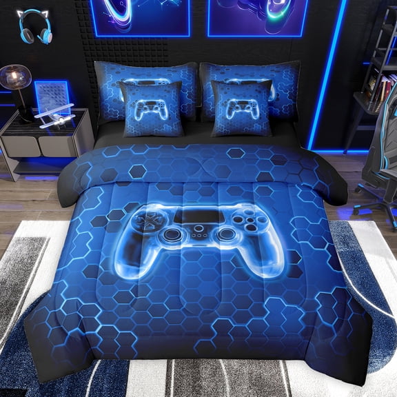 Homewish Video Game Twin Bedding Sets 7-Piece for Boys Girls,Black Blue Gamepads Bedding Comforter Set Microfiber,Abstract Ombre Geometric Honeycomb Breathable Sheet Sets,Ultra Soft Home Decor