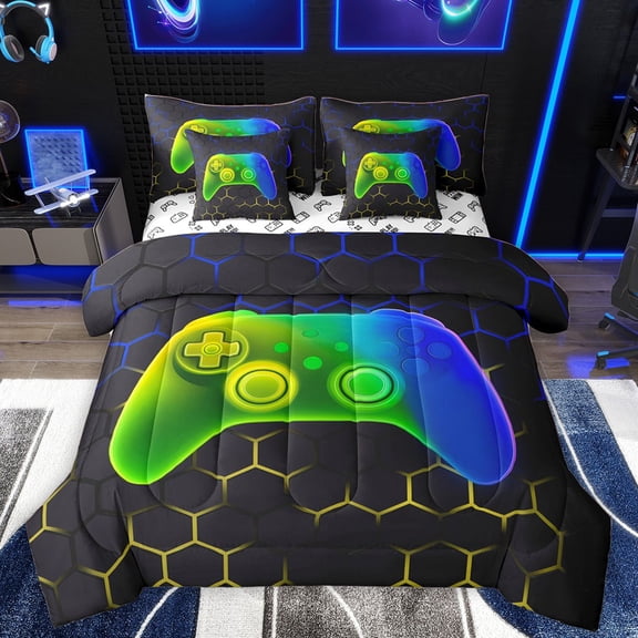 Homewish Video Game 7-Piece Twin Bedding Set - Gradient Hexagon Gamepads