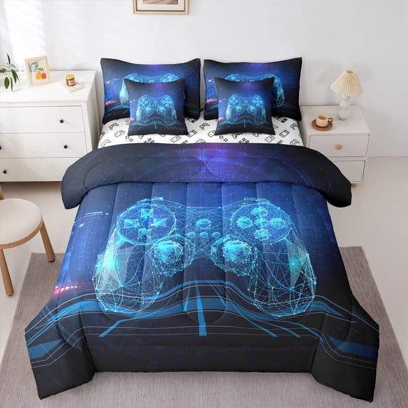 Homewish Video Game 7-Piece Twin Bedding Set - Stripes Game Controller