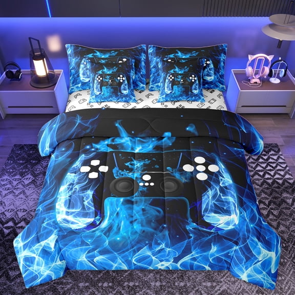 Homewish Video Game Twin Bedding Sets 7-Piece for Kids Children Teens,Abstract Gamepads Bedding Comforter Set Microfiber,Gradient Ombre Breathable Sheet Sets,Ultra Soft Home Decor,Reversible