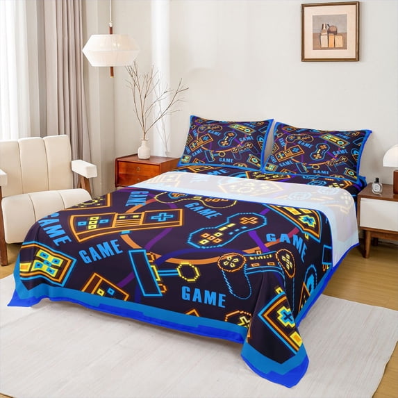 Homewish Video Game Twin Sheet Sets 3pcs for Female Men Adults,Abstract Gamepads Twin Fitted Sheet Microfiber,Geometric Stripes Breathable Flat Sheet,Microfiber Bedroom Decor