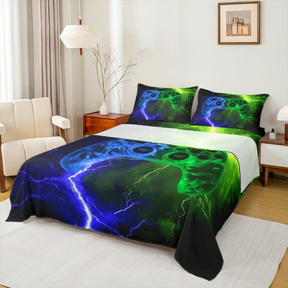Homewish Video Game Twin Sheet Sets 3pcs for Female Men Adults,Blue Green Twin Fitted Sheet Microfiber,Abstract Lightning Gamepads Breathable Flat Sheet,Microfiber Bedroom Decor