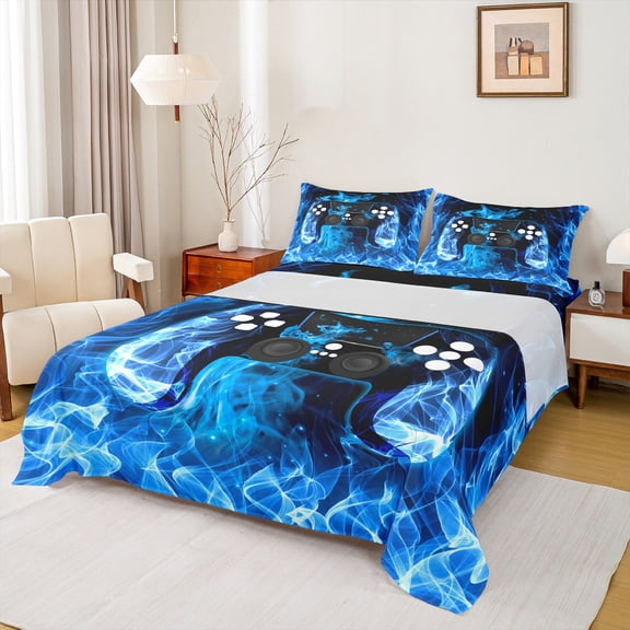 Homewish Video Game Twin Sheet Sets 3pcs for Kids Children Teens,Abstract Gamepads Twin Fitted Sheet Microfiber,Gradient Ombre Breathable Flat Sheet,Ultra Soft Home Decor