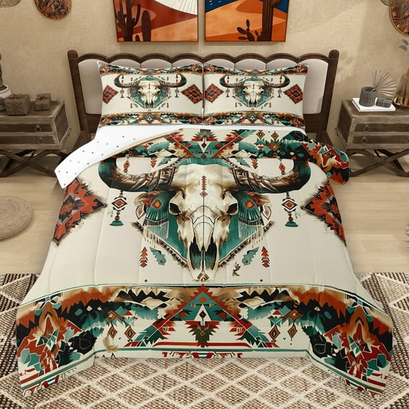 Homewish Vinatage Bull Skull Bedding Comforter Set,Retro Bohemain Tribal Twin Comforter Sets,Beige Cyan Orange Bedding Set For Boys Kids,Breathable Home Decor Reversible,2pcs