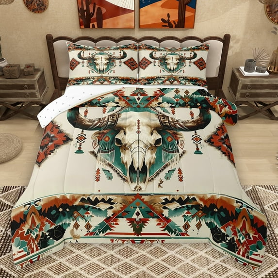 Homewish Vinatage Bull Skull Bedding Comforter Set,Retro Bohemain Tribal Twin Comforter Sets,Beige Cyan Orange Bedding Set For Boys Kids,Breathable Home Decor Reversible,2pcs