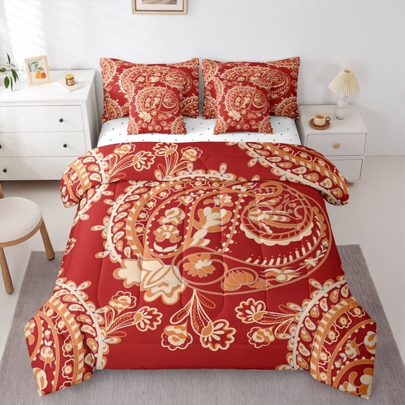 Homewish Vinatbe Red Paisley Bedding Comforter Set 7pcs, Western Hippie Bohemian Queen Bedding Sets, Rustic Damask Floral Reversible Queen Sheet Sets, Lightweight Room Decor
