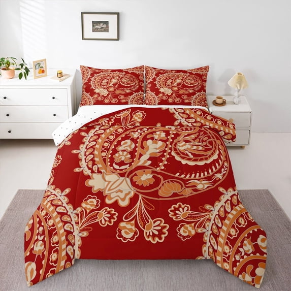 Homewish Vinatbe Red Paisley Queen Comforter Set, Western Hippie Bohemian Bedding Sets, Rustic Damask Floral Reversible Bedding Comforter Set, Lightweight Room Decor, 3 Pieces