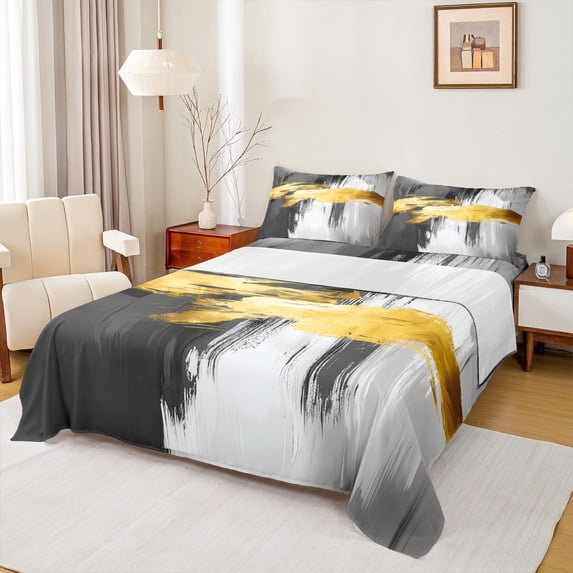 Homewish Vintage Aesthetic 4pcs Bed Sheets for Teens Boys Girls,Abstract Artwork King Sheets,Black Golden Grey Super Cozy Sheet Set,Luxury Bedroom Decor