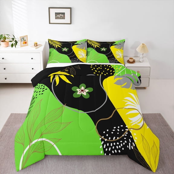 Homewish Vintage Aesthetic Flowers 3 Pieces Queen Comforter Set for Female Men Teens,Minimalist Tree Leaves Ultra Soft Bedding Sets,Abstract Geometric Bedding Comforter Set,Breathable Home Decor