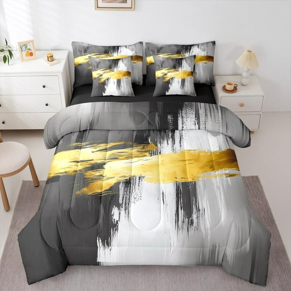 Homewish Vintage Aesthetic Twin Bedding Sets 7-Piece for Teens Boys Girls,Abstract Artwork Bedding Comforter Set Microfiber,Black Golden Grey Breathable Sheet Sets,Luxury Bedroom Decor,Reversible