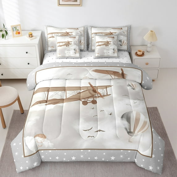 Homewish Vintage Airplane Boys Bedding Comforter Set 7pcs, Kawaii Cartoon Aircraft Queen Bedding Sets, Cute Stars Print Queen Sheet Sets, Breathable Home Decor