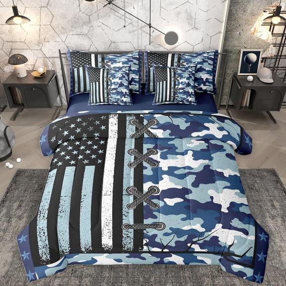 Homewish Vintage American Flag 7-Piece Bedding Comforter Set,Rustic Camo Camouflage King Bedding Sets,Blue White Bed Sheets For Boys Teens,Ultra Soft Home Decor Reversible