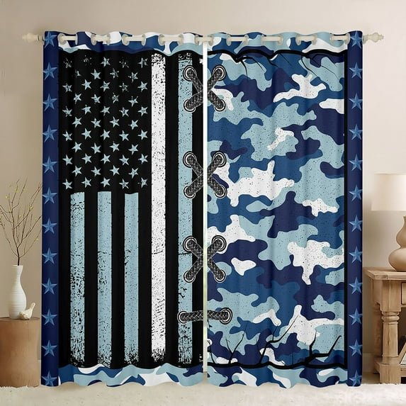 Homewish Vintage American Flag Curtains Pack of 2 (42x84 Each),Rustic Camo Camouflage Curtains Blackout,Blue White Bedroom Curtains For Boys Teens,Ultra Soft Home Decor