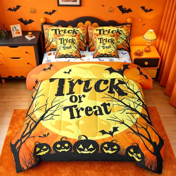 Homewish Vintage Art Halloween Trick Or Treat 7-Piece King Bedding,Rustic Tree Moon Pumpkin Pattern King Bed in a Bag,Halloween Reversible