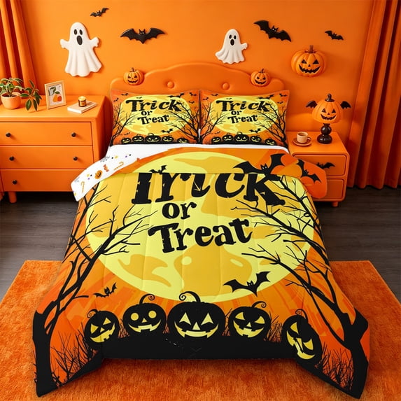 Homewish Vintage Art Halloween Trick Or Treat Queen Comforter Set,Rustic Tree Moon Pumpkin Pattern Comforter Sets Queen,Halloween Reversible,3pcs,1 Comforter and 2 Pillowcases