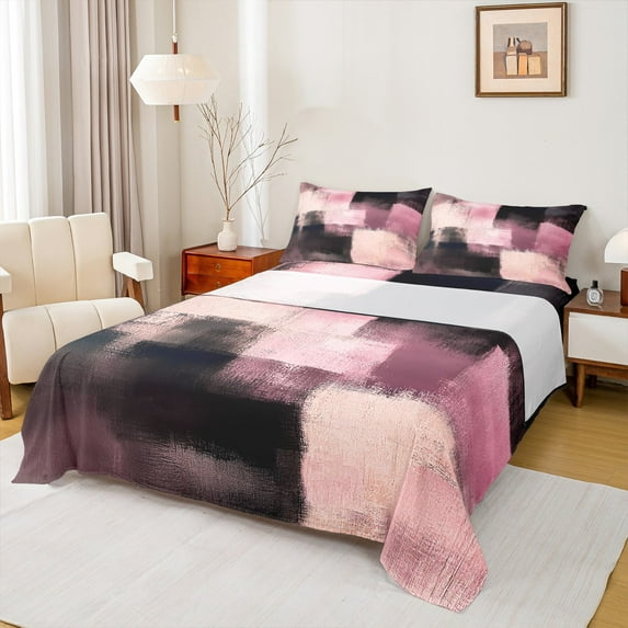 Homewish Vintage Artwork Adult Full Size Sheets, Black Pink Square Abstract Bed Sheets, Fashion Oil Printing Sheet Sets, Microfiber Bedroom Decor, 4-Piece