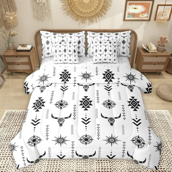 Homewish Vintage Aztec 7-Piece Bedding Comforter Set,Bull Skull King Bedding Sets,White Black Bed Sheets For Boys Teens,Breathable Home Decor Reversible