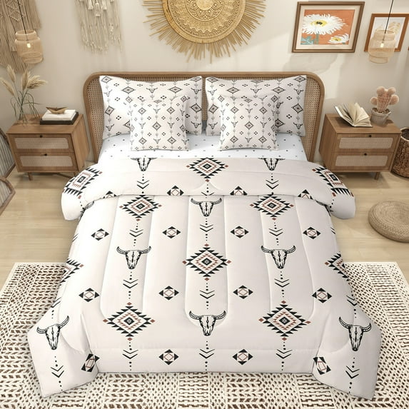 Homewish Vintage Aztec 7-Piece Twin Bedding Sets,Rustic Bull Skull Bedding Comforter Set,Country Farmhouse Lodge Sheet Sets For Boys Teens,Breathable Home Decor