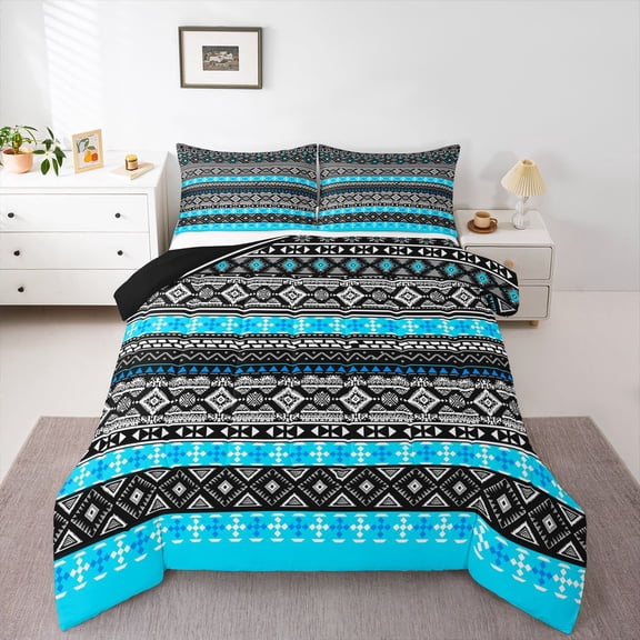 Homewish Vintage Aztec Boho Queen Comforter Set,Rustic Farmhouse Cabin Bedding Sets,Gray Blue Bedding Comforter Set For Adults,Luxury Bedroom Decor Reversible,3pcs