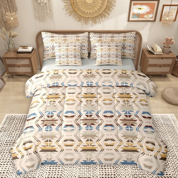 Homewish Vintage Aztec Geometric 7-Piece Bedding Comforter Set,Rustic Farmhouse Cabin King Bedding Sets,Brown Blue Bed Sheets For Adults,Super Cozy Room Decor Reversible