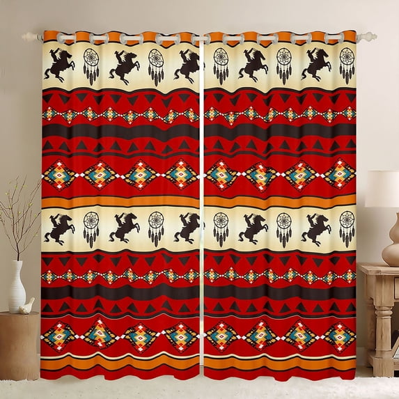 Homewish Vintage Aztec Geometric Blackout Curtains Set of 2 (52x84 Each),Rustic Farmhouse Cabin Window Curtains,Beige Red Curtains and Drapes For Adults,Luxury Bedroom Decor