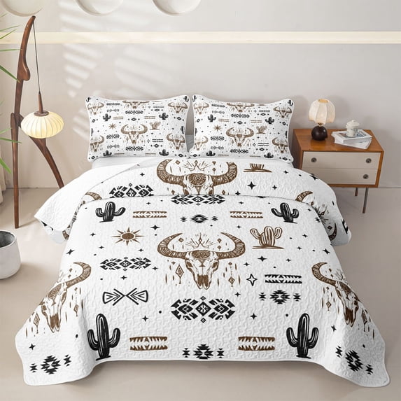 Homewish Vintage Aztec Geometric Quilt Full,Bull Skull Boho Exotic Style Full Bedspread Sets For Men Women,3-Piece