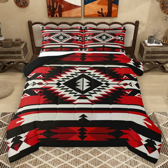 Homewish Vintage Aztec Print Bedding Comforter Set,Abstract Rhombus Striped Twin Comforter Sets,Red Black White Bedding Set For Adults,Luxury Bedroom Decor Reversible,2 Pieces