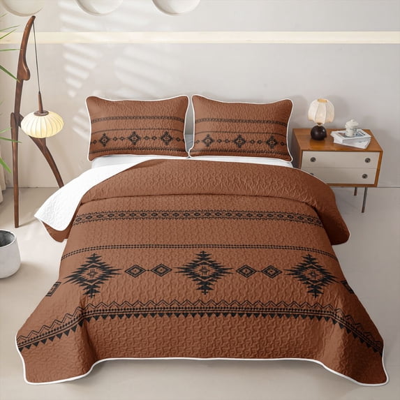 Homewish Vintage Aztec Print Twin Quilt Set,Retro Geometric Rhombus Twin Coverlet Set For Adults,Black Orange,2pcs