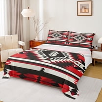 Homewish Vintage Aztec Print Twin Sheet Sets,Abstract Rhombus Striped Twin Fitted Sheet,Red Black White Flat Sheet For Adults,Luxury Bedroom Decor,3 Pieces