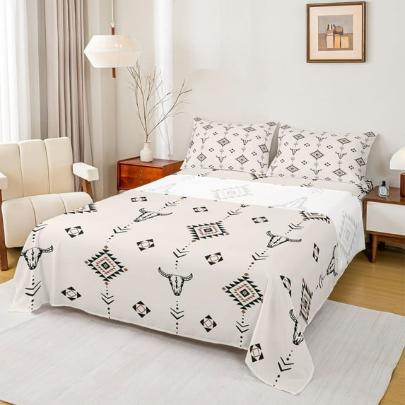 Homewish Vintage Aztec Queen Sheet Sets,Rustic Bull Skull Flat Sheet,Country Farmhouse Lodge Queen Fitted Sheet For Boys Teens,Breathable Home Decor,4-Piece