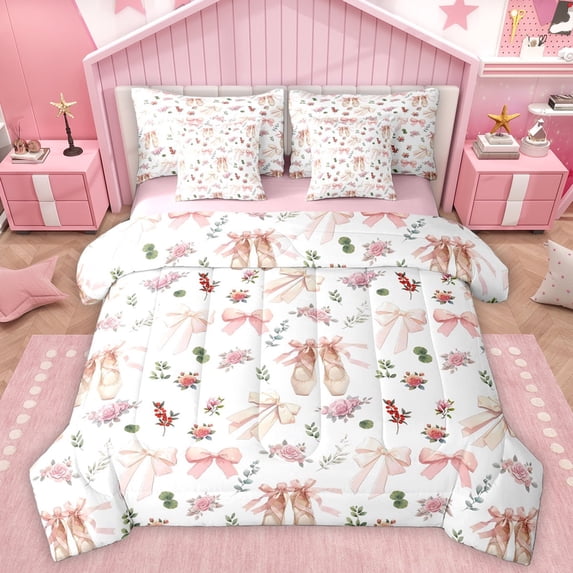 Homewish Vintage Ballet Shoes Twin Bedding Sets 7-Piece for Kid, Princess Bowknot Bow Bedding Comforter Set, Cartoon Flower Plant Reversible Sheet Sets, Luxury Bedroom Decor