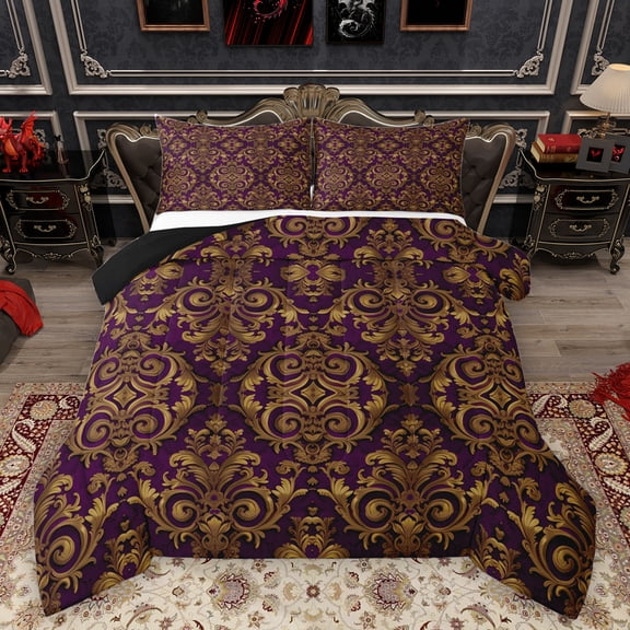 Homewish Vintage Baroque Floral Bedding Comforter Set,Damask Victorian Twin Comforter Sets,Gold Purple Bedding Set For Adults,Microfiber Bedroom Decor Reversible,2pcs