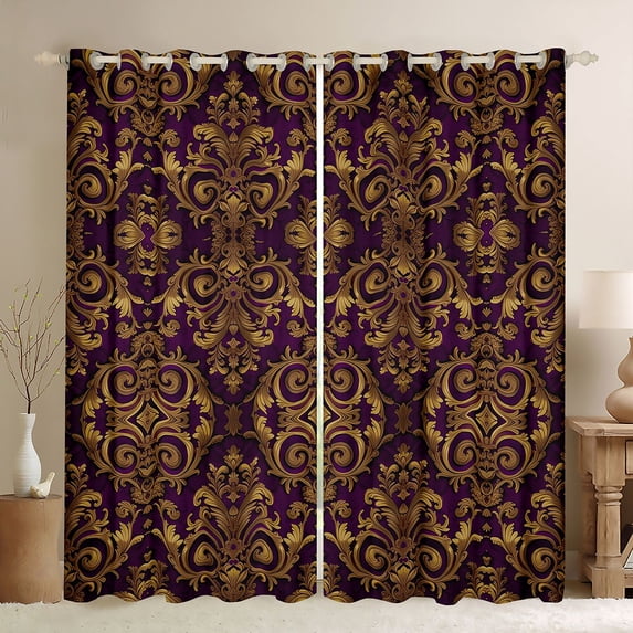 Homewish Vintage Baroque Floral Black Out Curtains,Damask Victorian Curtains Pack of 2 (42x63 Each),Gold Purple Bedroom Curtains For Adults,Microfiber Bedroom Decor