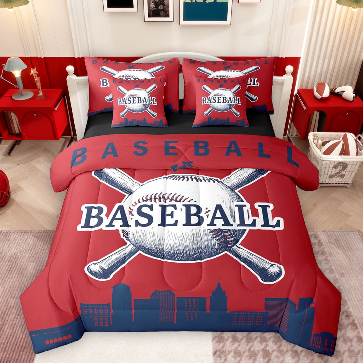 Homewish Vintage Baseball Print Bedding Comforter Set 7pcs for Boy