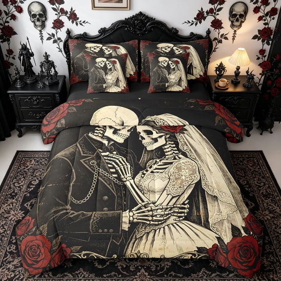 Homewish Vintage Black Rose Skeleton Wedding Queen Bedding for Men, Romance Floral Bedding Comforter Set Queen, Black Reversible, 7 Pieces