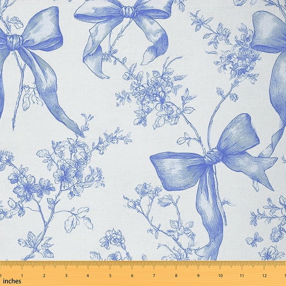 Homewish Vintage Blue Bowknot Fabric by the Yard 2 Yards for Girls, French Style Flower Sewing Fabric, Cartoon Bow Fabric for Sewing, Microfiber Bedroom Decor