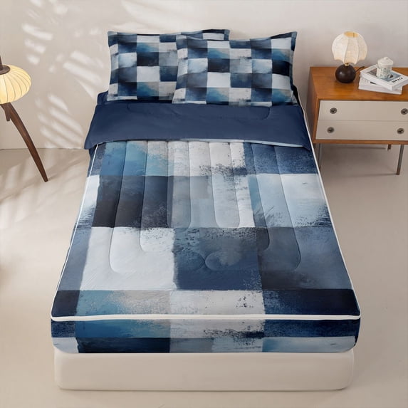Homewish Vintage Blue Plaid Zipper Full Size Comforter Sets with Fitted Sheet and 2 Pillowcases,Geometric Abstract Zipper Bedding Set,Navy Blue Reversible,4pcs