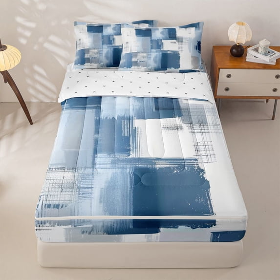 Homewish Vintage Blue Plaid Zipper Full Size Comforter Sets with Fitted Sheet and 2 Pillowcases,Grunge Aesthetic Zipper Bedding Set,Reversible,4pcs