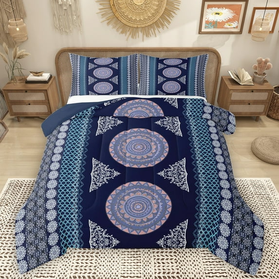 Homewish Vintage Bohemain Flower Bedding Comforter Set,Boho Theme Twin Comforter Sets,Blue Purple Bedding Set For Adults,Microfiber Bedroom Decor Reversible,2 Pieces
