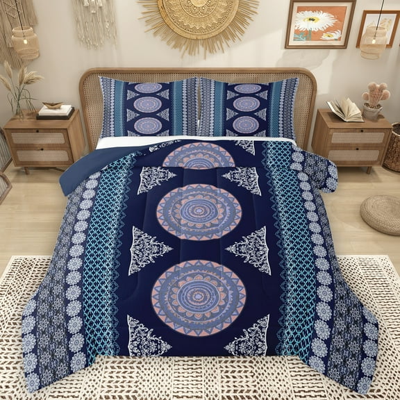 Homewish Vintage Bohemain Flower Bedding Comforter Set,Boho Theme Twin Comforter Sets,Blue Purple Bedding Set For Adults,Microfiber Bedroom Decor Reversible,2 Pieces