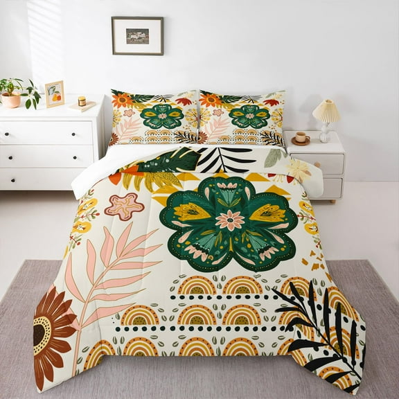 Homewish Vintage Bohemain Flower Bedding Comforter Set,Boho Theme Twin Comforter Sets,Green Beige Bedding Set For Men Women,Microfiber Bedroom Decor,2pcs